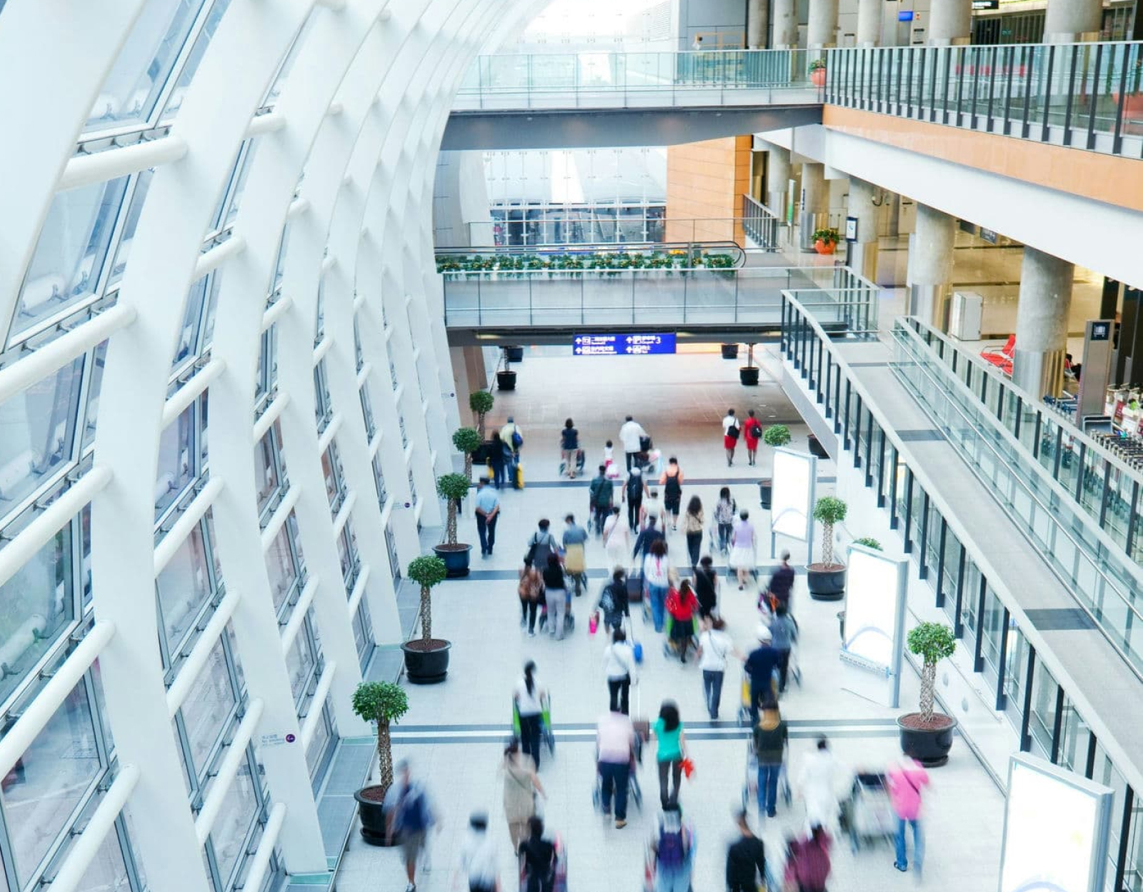 Aerial view of the interior of a crowded airport