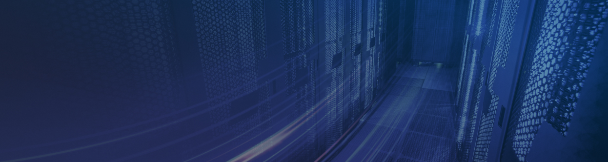 Interior of a data center, overlaid with a blue gradient