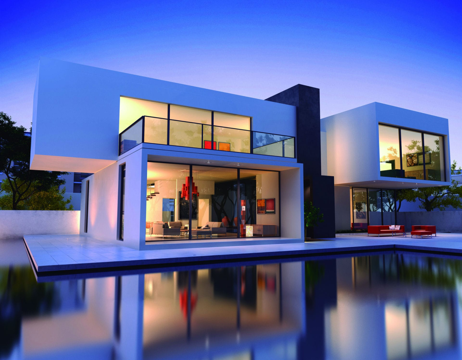 Exterior of a modern house, with a swimming pool