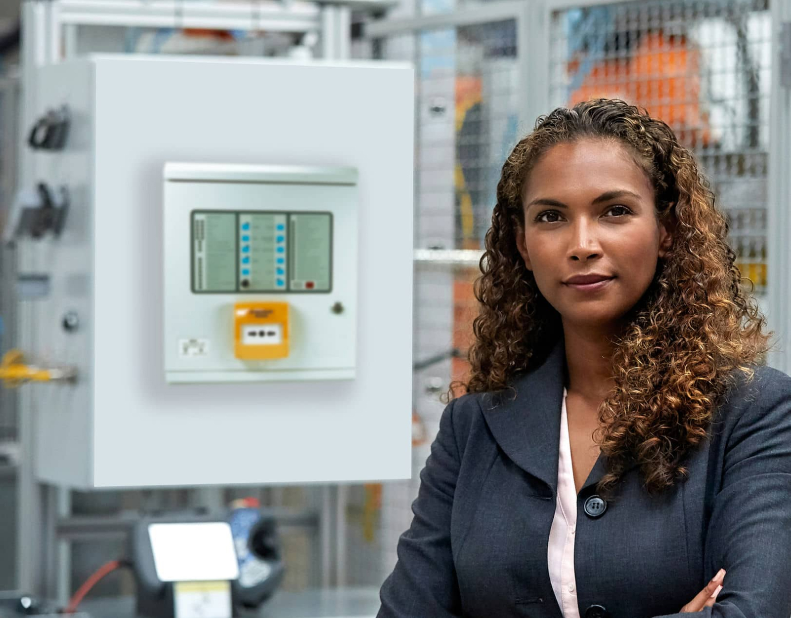 A woman standing with folded arms next to a control panel